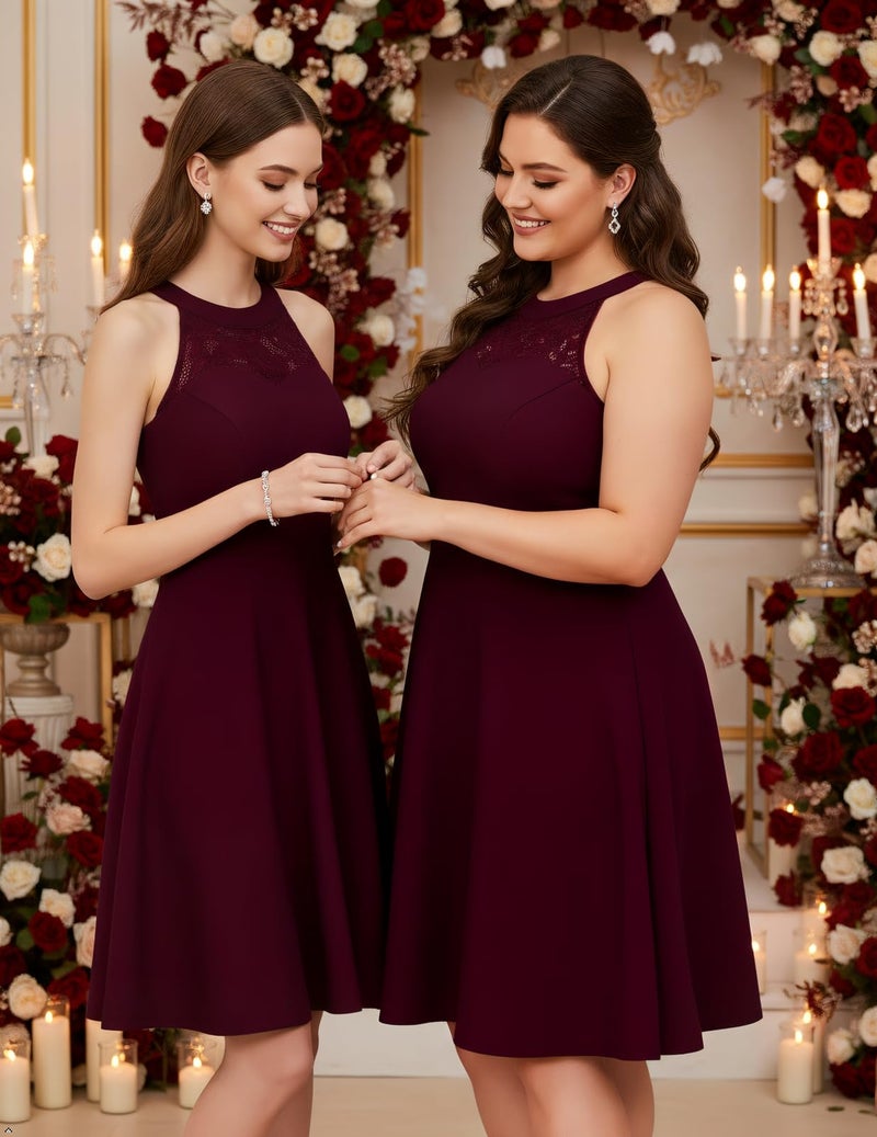Bbonlinedress Vintage Burgundy Cocktail Women Wedding Guest Formal Homecoming Dresses Short Prom Bridesmaid Halter Dress Burgundy 2XL - Image 3